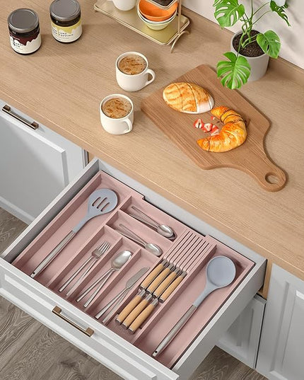 Bamboo-Silverware-Drawer-Organizer-Kitchen, Expandable Utensil Holder Cutlery Tray Flatware Organization Adjustable Wood Tableware Dividers Storage (with Removable Knife Block)(Grey Pink)