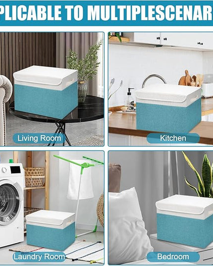 Large 17" 42 Quarts Collapsible Stackable Storage Bins with Lids [3-Pack] Foldable Fabric Linen Storage Boxes Cube, Closet Organizer Baskets with Label for Home (16.7 x 12 x 12", Teal & White)