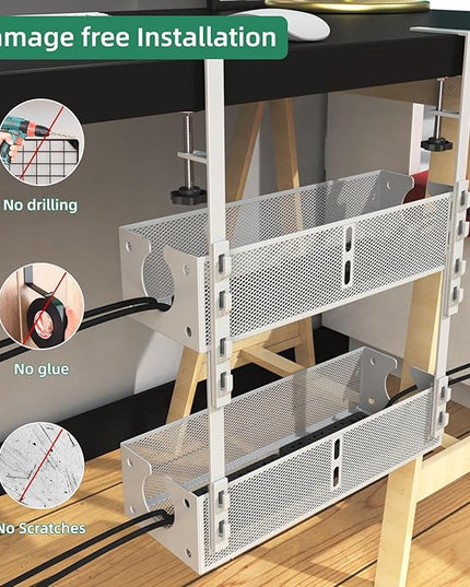 Multi-Model Under Desk Cable Management 2 Pack Metal Under Desk Wire Management Tray Clamp Mount Under Table Cord Management No Damage The Desk White