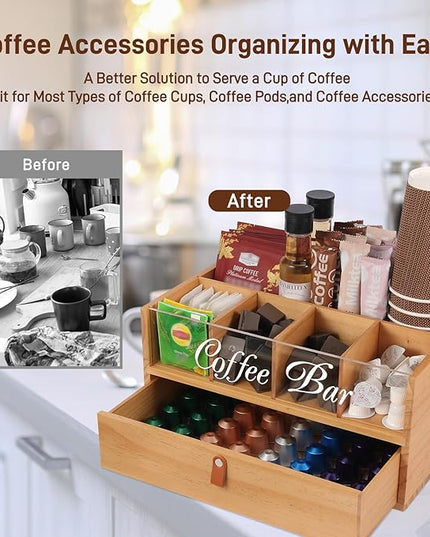 Intarsio 2-Tier Coffee Bar Organizer with Clear Acrylic Top, Built-in Drawer and Leather Handle Pull for Countertop, Stylish Coffee Station Storage Box for Accessories, Pods, Great Gifts for Home