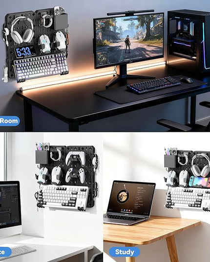 KDD Pegboard Combination Kit, Wall Mount Organization Peg Board with Mouse & Keyboard Holder, Pen Holder, Hooks, Headset & Controller Stand - Modular Hanging Organizer Accessories