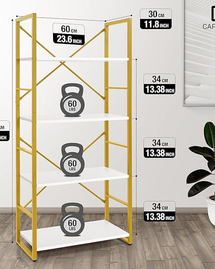 CAPHAUS 4 Tier Bookshelf, Bookcase Shelf Storage Organizer, Living Room, Kitchen, 24 Inch Width Free Standing Shelf, Industrial Book Shelves for Home Office, White Wooden Shelves & Gold Frame