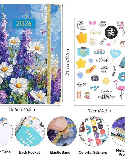 2026 Planner, Weekly and Monthly Planner, January 2026 - December 2026, Calendar Planner A5 (6.5" x 8.5") with Tabs, Inner Pocket for Home School Office Supplies, Purple Flower