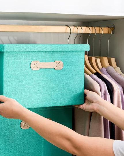 Enzk&Unity Decorative Storage Bins with Lids, Fabric Linen Foldable Storage Box with Handle Home Organizer for Shelf, Closet, Bedroom, Living Room, Office, 3 Packs, Teal