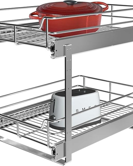 JOWBOOW 2 Tier Pull Out Cabinet Organizer (11" W x 22" D), Roll Out Shelves and Drawer for Kitchen Pantry Storage Basket, Heavy-Duty Metal Sliding Shelf