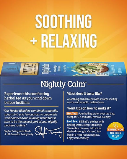 Twinings Nightly Calm Herbal Tea Individually Wrapped Bags, 20 Count (Pack of 6), Spearmint & Lemongrass, Naturally Caffeine-Free, Enjoy Hot or Iced, 120 Teabags