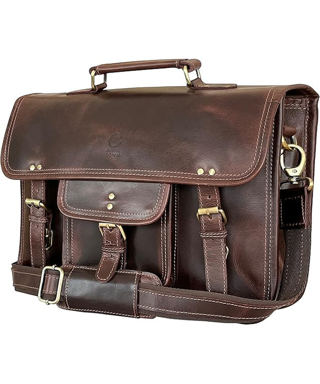 RUSTIC TOWN Leather Messenger Bag for Men - Full Grain Leather Briefcase Laptop Satchel Office Crossbody Travel Bag