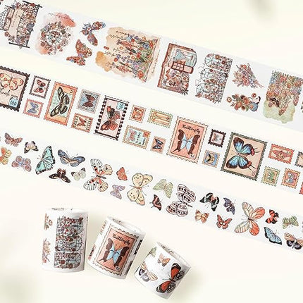 WT Stamped Wings Washi Tape Sticker Set – 3 Rolls Decorative Butterfly & Wing Washi Sticker Tape, Vintage Adhesive Tape for Journaling, Scrapbooking, Planner, DIY Crafts & Wrapping (40mm, 50mm, 60mm)