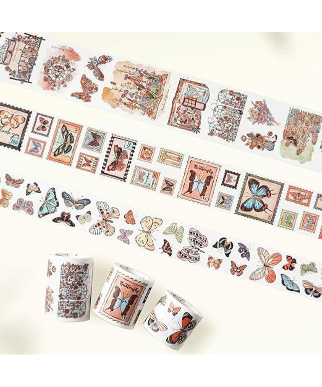 WT Stamped Wings Washi Tape Sticker Set – 3 Rolls Decorative Butterfly & Wing Washi Sticker Tape, Vintage Adhesive Tape for Journaling, Scrapbooking, Planner, DIY Crafts & Wrapping (40mm, 50mm, 60mm)