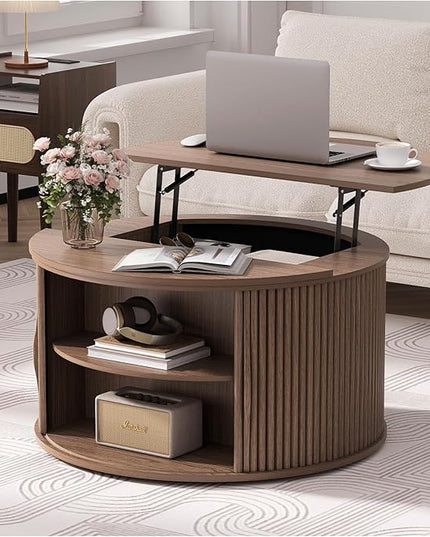 JOINICE 31.5" Round Lift Top Coffee Table, Mid Century Modern Walnut Center Table with Hidden Storage, Fluted Drum Wood Design for Small Living Room & Apartment