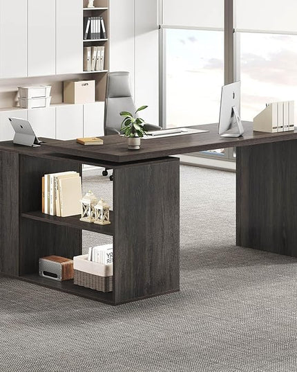 HSH L Shaped Computer Desk with Drawers, 360 Rotating L Shape Desk with Storage Cabinet Shelves, Industrial Home Office Desk for Executive Writing Study Work, Dark Wood Table Swivel Desk, Gray 55 Inch