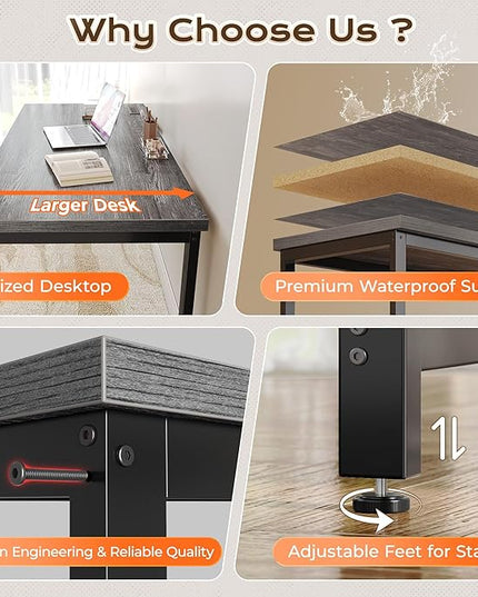 Huuger 55 x 24 inch Desk with Power Outlets & USB-C, Deeper & Thicker Desktop, Robust Metal Tubes, Computer Desk, Heavy Duty Office Desk, Work Gaming Desk for Home Office, Grey