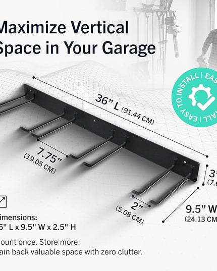 StoreYourBoard Wall-Mounted Rack With 4 Garage Hooks – Heavy-Duty Steel Holder Garage & Garden Storage for Shed, Workshop, or Home Organization – For Rakes, Shovels, Tools & More – 2 Pack, Black