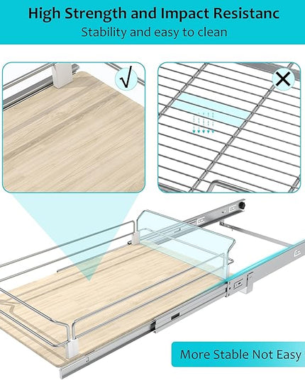 Pull Out Cabinet Organizer 15" W X 22" D, Slide Out Drawers For Kitchen Organizers and Storage, Pull Out Drawers For Cabinets Capacity Heavy Duty Caddy, Cabinet Shelves Wood Chrome, Pantry Storage