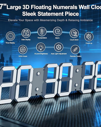 Large Digital Wall Clock 27" with Remote Control,3D Led Clock Adjustable Brightness Timer 12/24 Hr Time/Date/Temperature for Living Room/Office/Restaurant