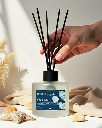 Soul & Scents Reed Diffuser Set – Ocean | 7.43 oz Refillable Scented Oil with 6 Fiber Sticks | Long-Lasting Home Fragrance & Air Freshener for Bedroom, Bathroom, Office | Gift & Décor Piece