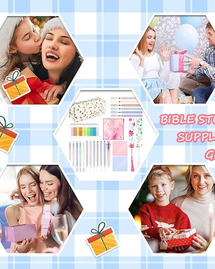 Lestp 24Pcs Bible Study Supplies Journal Kit Book Annotation Kit Aesthetic Pastel Highlights Pens Tabs Bookmarks Bags for Women Teens School Accessories Cute Colorful Bible Highlighters Pens No Bleed