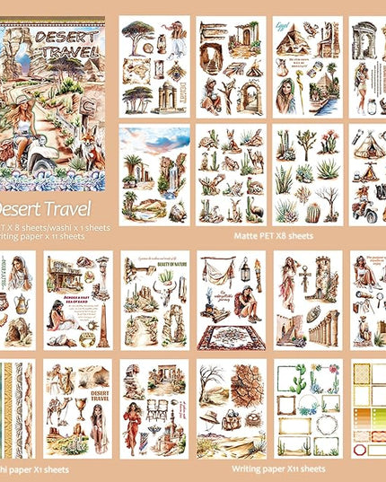 Snycler Sticker Book - 20 Sheets Vintage PET Stickers for Scrapbooking, Junk Journaling, Ephemera, and Decorative Crafts-Desert Travel