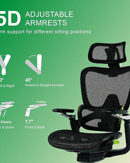 Ergonomic Office Chair, Mesh Home Office Desk Chair with Adaptive Lumbar Support, Gaming Chair with Headrest, 5D Armrest,90-130°Tilt, BIFMA Certified, Model Zen (Green)