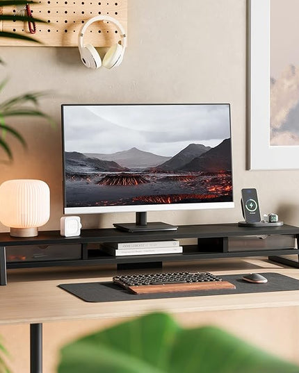 Fenge Dual Monitor Stand, Monitor Riser with Drawer, 42.5 Inch Large Computer Monitor Stand for 2 Monitors, 2 Tier Wooden Desk Shelf for Top of Desk