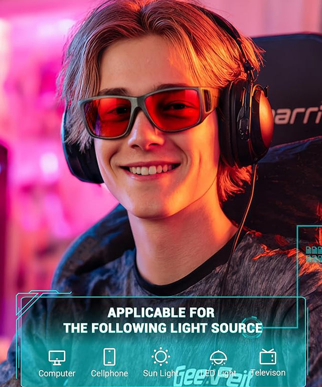 TIJN Sonia Sleep Glasses for Blue & Green Light Blocking,Red Lens with Dual AR Coating,Wraparound Frame for Gaming Screen