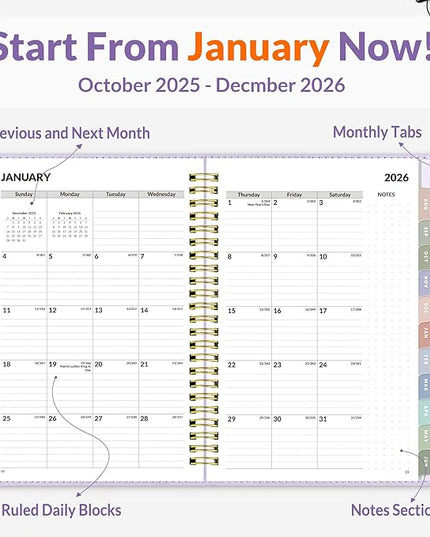SUNEE 2026 Weekly & Monthly Planner 6.4"x8.5"- 12 Month (January 2026 - December 2026), Vegan Leather Cover, Pocket, Bookmark, Notes, Monthly Tab, Purple