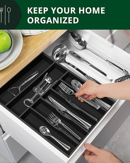 ROYAL CRAFT WOOD Luxury Bamboo Kitchen Drawer Organizer - Silverware Organizer - Utensil Holder and Cutlery Tray with Grooved Drawer Dividers for Flatware and Kitchen Utensils (7 Slot, Black)