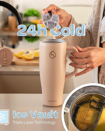 Hydracy Soulmate 40 oz Tumbler with Handle and Flip Straw - 100% Leakproof Reusable Insulated Cup with Stainless Steel Straw - Cupholder Friendly Rubber Base Travel Mug - Cafe Creme