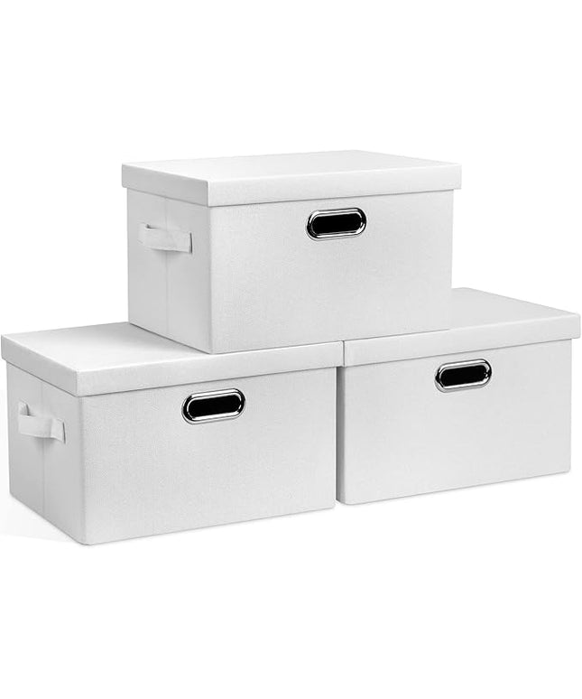 Medium 15" 21 Quart Collapsible Stackable Storage Bins with Lids, 3 Packs White Foldable Fabric Closet Boxes Heavy-duty Linen Cube Baskets Container for Bedroom Office (15 x 11 x 8)