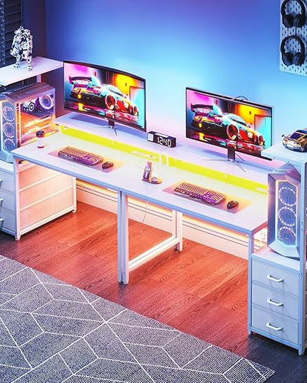 AODK 52 Inch Gaming Desk with USB Charging Ports & LED Light- Reversible Computer Desk with Storage Shelves & Monitor Stand, Modern Gamer Desk Table with Fabric Drawers & Side Hook, Carbon Fiber White