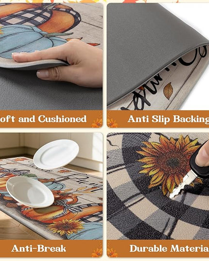 Pauwer Fall Kitchen Rugs Set of 2, Pumpkin Truck Anti Fatigue Kitchen Floor Mat, Non Slip Farmhouse Cushioned Kitchen Mats for Floor, Kitchen Runner Rug Floor Carpet Fall Harvest Thanksgiving Decor