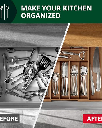 ROYAL CRAFT WOOD Luxury Bamboo Kitchen Drawer Organizer - Silverware Organizer - Utensil Holder and Cutlery Tray with Grooved Drawer Dividers for Flatware and Kitchen Utensils (9 Slot, Brown Bamboo)