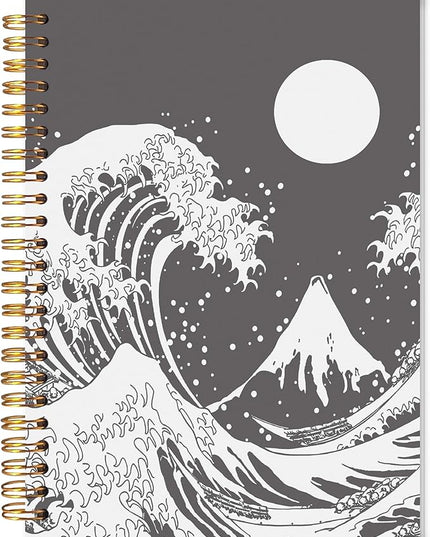 Knibeo Japanese Wave with Sun Black and White Art Lined Hardcover Spiral Notebook Journal 5.5×8.3 Inch,College Ruled Notebook for Work Notes Journaling,Gifts for Cat Lovers Women Girls pvc notebook