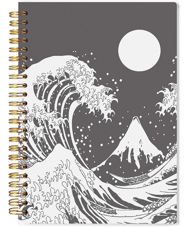 Knibeo Japanese Wave with Sun Black and White Art Lined Hardcover Spiral Notebook Journal 5.5×8.3 Inch,College Ruled Notebook for Work Notes Journaling,Gifts for Cat Lovers Women Girls pvc notebook