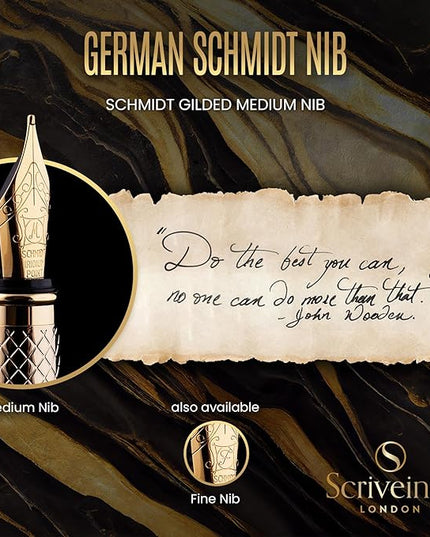 Scriveiner Luxury Fountain Pen - Stunning Gold Luxury Pen, Real Gold Finsih, Schmidt Gilded Nib (Medium), Converter, Best Pen Gift Set for Men & Women, Professional, Executive, Office, Nice Pens