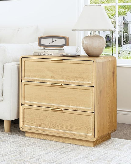 Turtle&Myrtle Modern 3 Drawer Dressers for Bedroom, 26'' Wide Wood Nightstand w/3 Storage Drawers, End Table, Dresser & Chest of Drawers with Curved Profile for Living Room Entryway, Natural