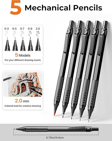 STAGEEK Metal Mechanical Pencil Set in Leather Case, 5PCS Art Drafting Pencil 0.3, 0.5, 0.7, 0.9 & 2mm Lead Holder, 9 Tube (4B 2B HB 2H Colors) Lead Refills for Drawing, Sketching, Writing (Black)