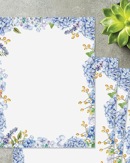 Current Hydrangeas Floral Letter Paper - Spring Stationery Papers With Decorative Hydrangeas Border, Printable Holiday, Wedding & Bridal Shower, & Invitation Sheets, Set of 25, 8 1/2" x 11"