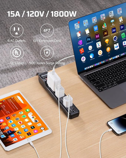 DEWENWILS 15 Foot Long Power Strip, 6-Outlet Power Strip 15FT, 15 Amp Circuit Breaker, Low Profile Flat Plug, Surge Protector for Office, Living Room, Bedroom, 4 Pack, Wall Mount, Black