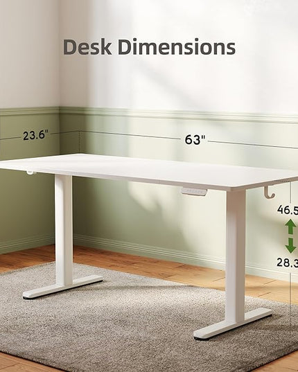 INNOVAR Electric Standing Desk, Adjustable Height Stand up Desks, 63 x 24 Inches Sit Stand up Desk for Home Office Computing, 3-Preset Memory Height Ergonomic Rising Desks, White