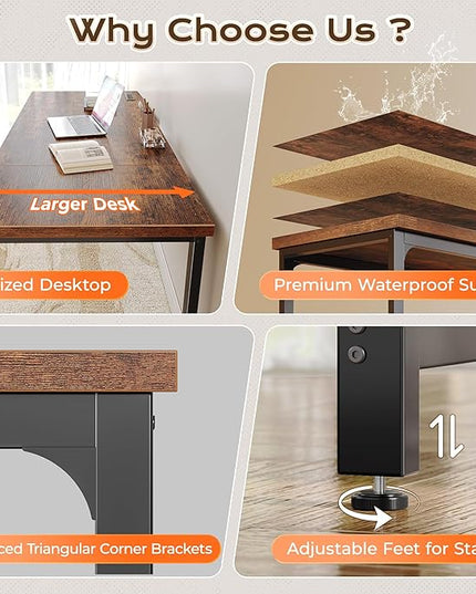 Huuger 63 x 24 inch Desk with Power Outlets & USB-C, Deeper & Thicker Desktop, Robust Metal Tubes, Computer Desk, Heavy Duty Office Desk, Work Gaming Desk, for Home Office, Rustic Brown