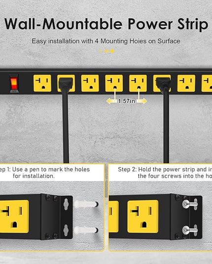 20Amp Power Strip Surge Protector, Durable Metal 8-Outlets with Heavy Duty 20 amp 10Ft 12 Gauge Extension Cord for Garage Workshop & Industrial Use, 1200J