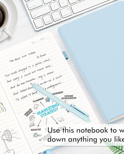 feela 12 Pack Notebooks Journals Bulk, Hardcover Notebook Classic Ruled Lined Journals with Pen Holder for Women Girls School Business Supplies, with 12 Black Pens, 120 GSM, 5.1”x8.3”, A5, Light Blue