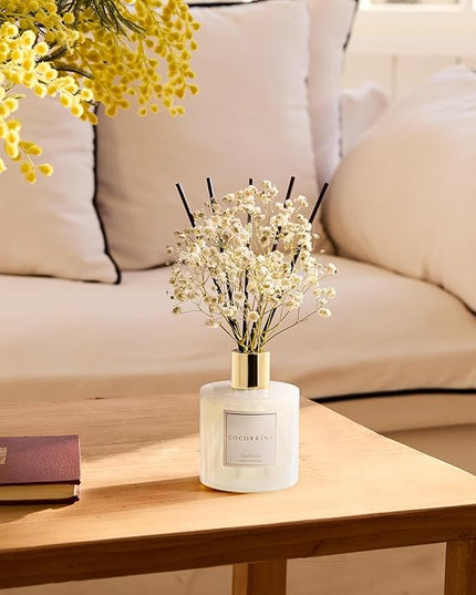 COCORRÍNA Reed Diffuser - Gardenia 6.7 Fl.oz Reed Diffuser Set with Sticks & Preserved Baby's Breath, Reed Diffuser for Home Bathroom Shelf Decor