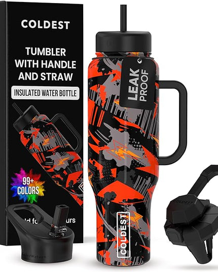 Coldest Tumbler with Handle and Straw - 100% Leak Proof Insulated Tumbler with Lid and Straw (3 Lids) - Stainless Steel Tumblers for Women & Men - Cup Holder Friendly Base, 46 oz (Savage Red)