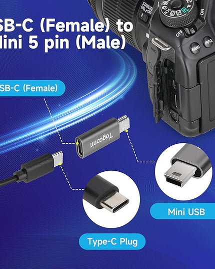 USB C to Mini USB Adapter 4 Pack, USB Type-C (Female) to Mini USB (Male) Converter Connector, Support Charging & Data Sync Compatible with GoPro Hero 3+, MP3 Players, Dash Cam, Digital Camera and more