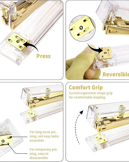 Gold Desk Accessories, Office Supplies Set with Acrylic Stapler, Tape Dispenser, Staple Remover, Pen Holder, Scissor, Binder Paper Clips, 1 Ballpoint Pen, 1 Clear Tape and 1000pcs Staples
