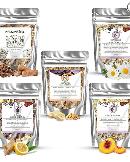 Nelson's Tea Favorites Sampler Pack - Caffeine Free - Loose Leaf Tea Sampler - A&J's Root Beer, Banana Nut Bread, Chamomile Honey Vanilla, Lemon Ginger Honey, Peach Dream - Samples Sizes