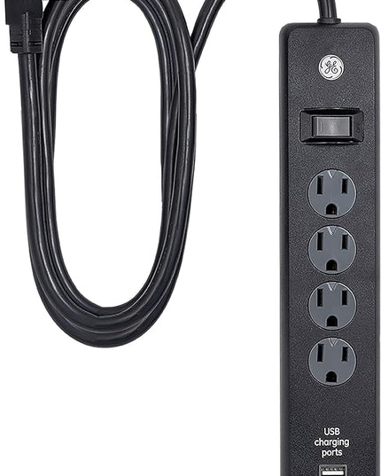GE 4-Outlet Surge Protector, 2 USB Ports, 6 Ft Power Cord, 450 Joules, Flat Plug, Twist to Lock Safety Covers, Automatic Shutdown Technology, Circuit Breaker, Warranty, UL Listed, Black, 37465