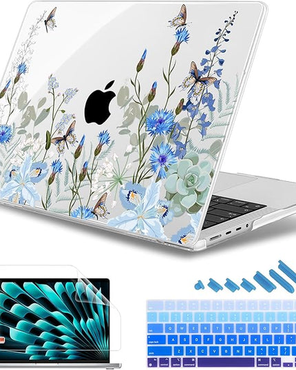 May Chen Case for MacBook Pro 14 inch, Models A2442 A2779 A2918 A2992 A3401 A3185 A3112 A3434, M1 M2 M3 M4 M5 Chip (2021-2025 Release), Plastic Hard Shell Case with Keyboard Cover, Blue Flowers